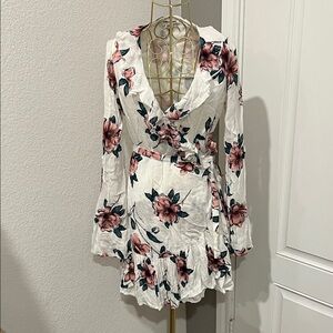 Billabong White Floral Long Sleeve Wrap Dress